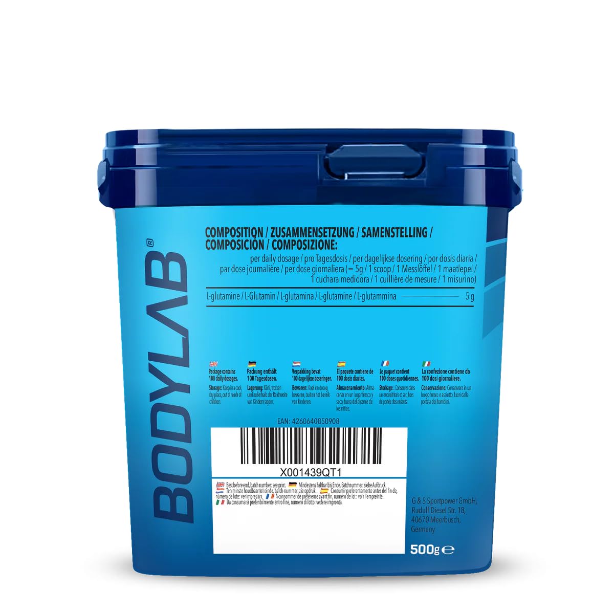 Bodylab24 Glutamin Powder 500g, je Portion 5g 100% reines geschmacksneutrales L-2-Aminoglutarsäure Pulver, Glutamine kann die Regenerationsprozesse unterstützen, ideal für Kraft- und Ausdauersportler