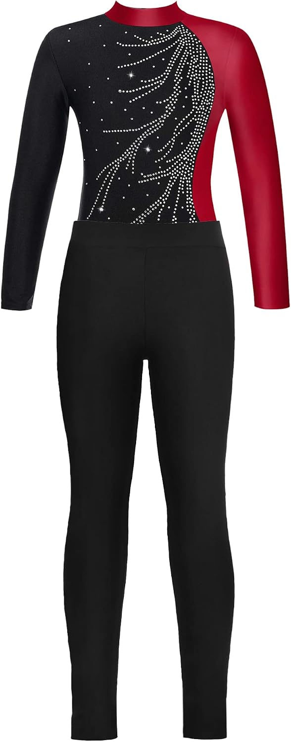 CHICTRY Kids Girls Gymnastic Leotard Tracksuits Long Sleeve Rhinestone With Athletic Leggings Dance Outfits Sets