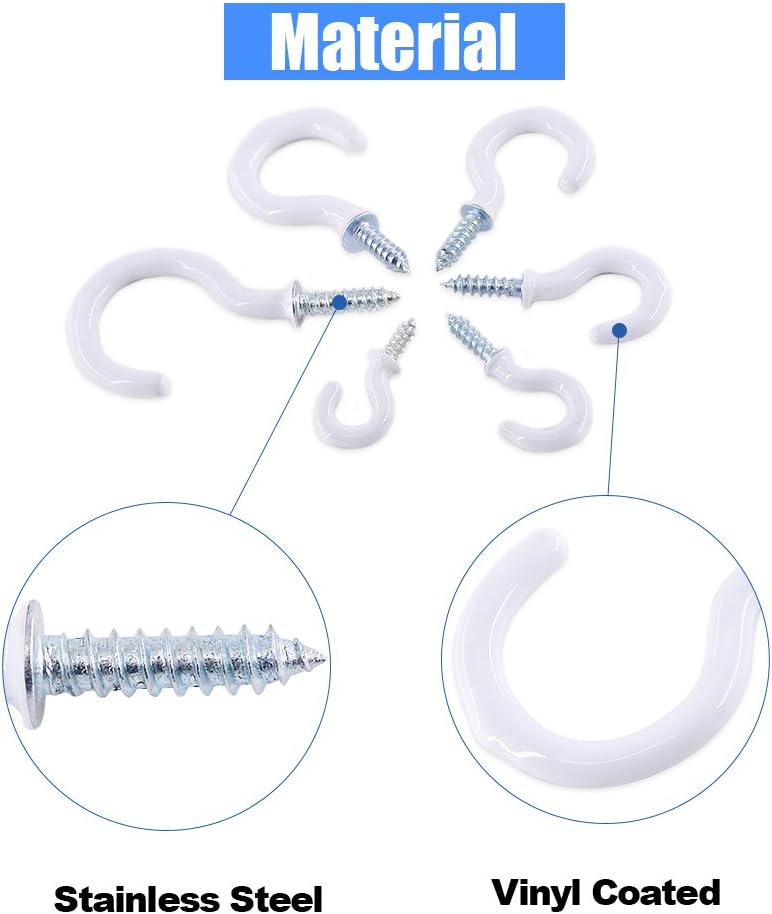 Nеw Prоduсt Glarks 100-Pieces 6 Sizes White Vinyl Coated Cup Hooks Screw-in Ceiling Hooks Screw Hooks Mug Hooks Hangers Assortment Kit for Home and Office Use