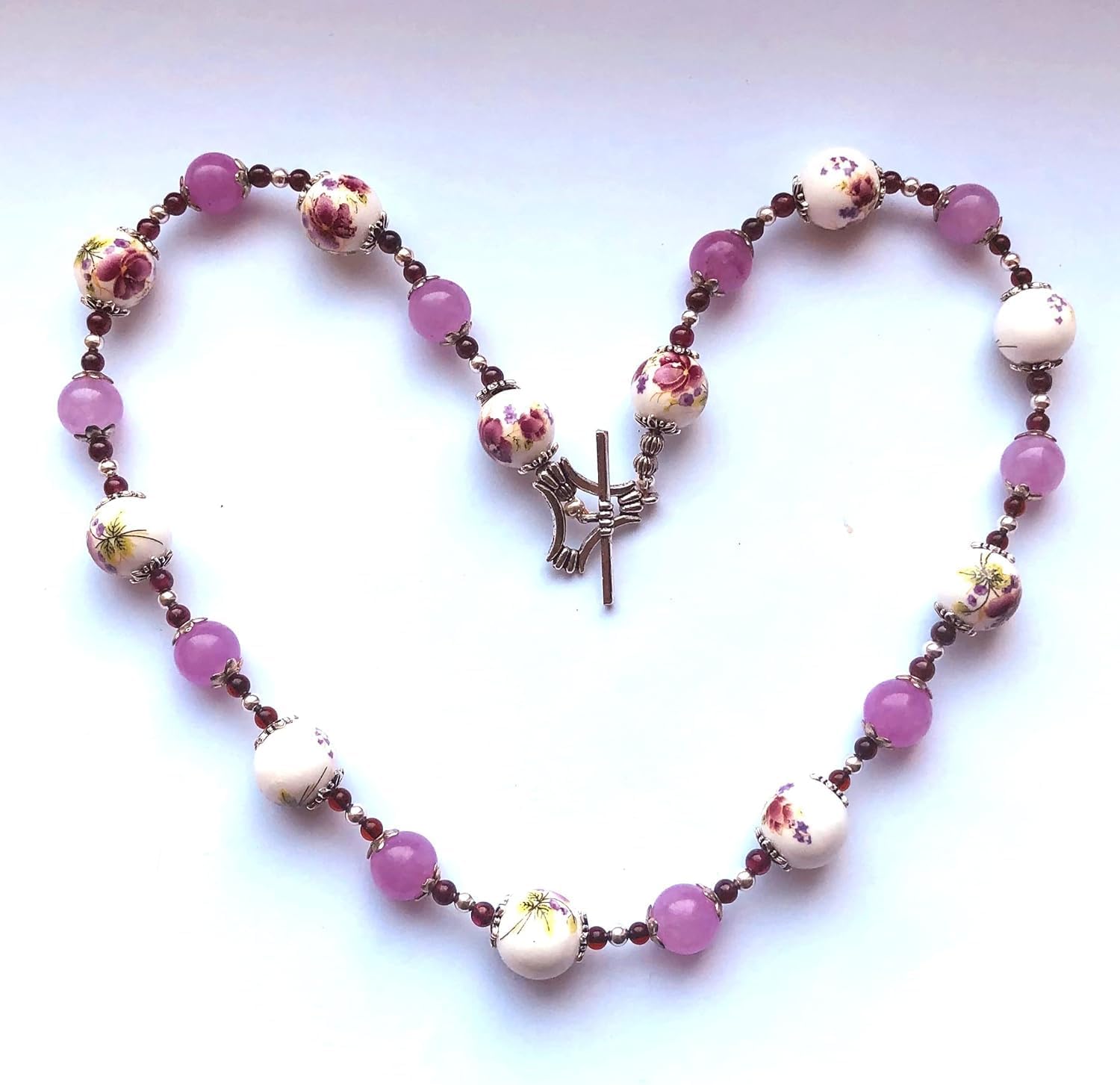 Lilac Floral Ceramic Porcelain Lavender Necklace Purple Jade Beads, Silver Plated Spacers and toggle Clasp