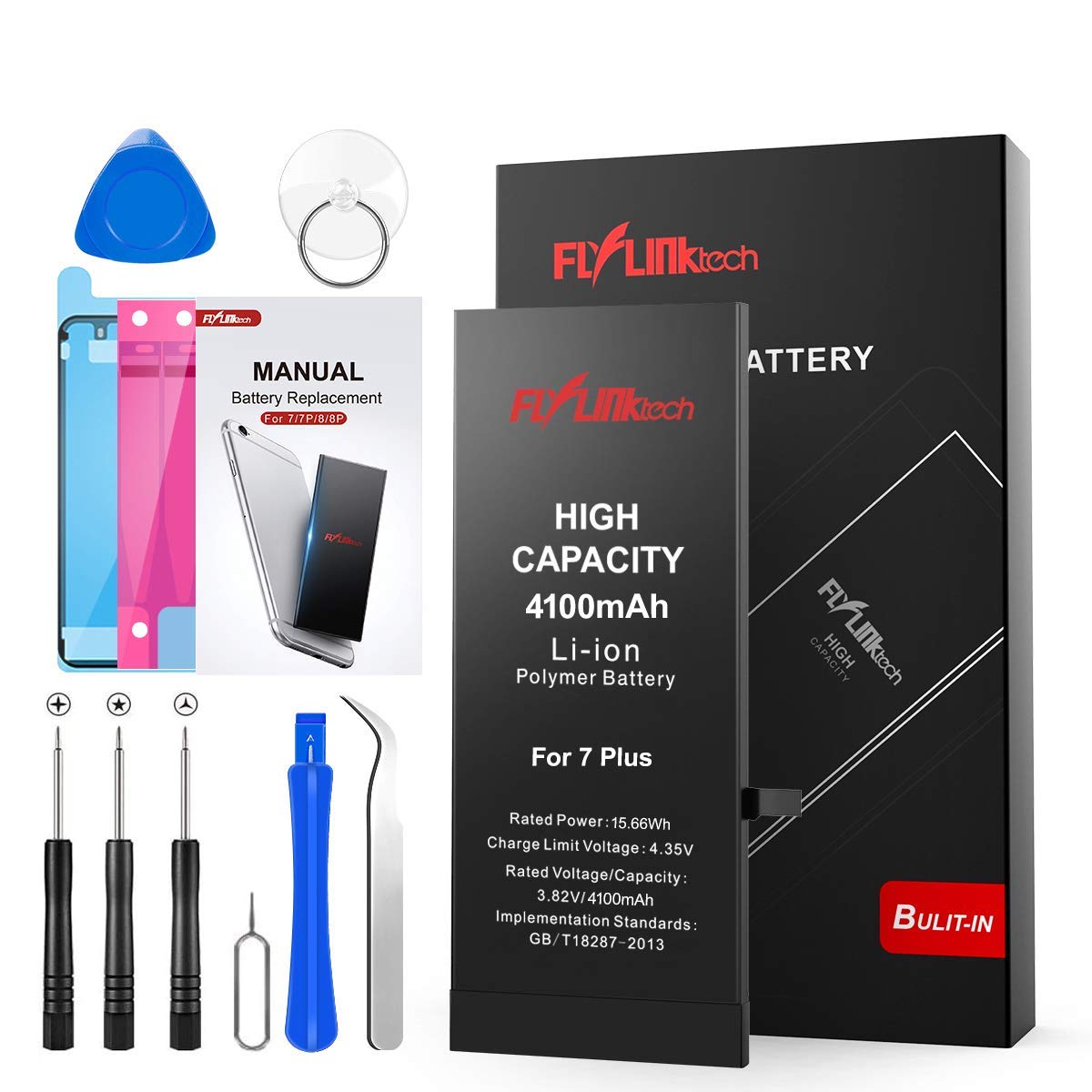 Batteria per iPhone 7 Plus 4100mAh Alta Capacità Batteria Interna di Ricambio in Li-ion, Strumenti di Riparazione Completi con Kit Sostituzione, Cacciavite Strumenti e Adesivo