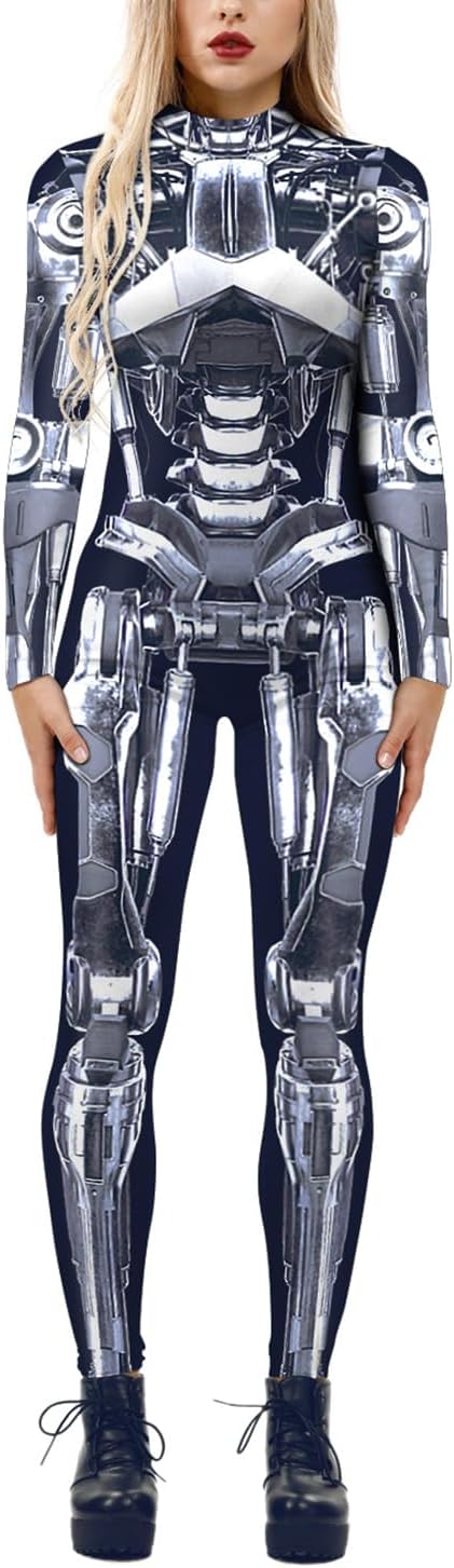 Womens Skull Skeleton Halloween Costume Jumpsuit Bodysuit One Piece Romper Outfit