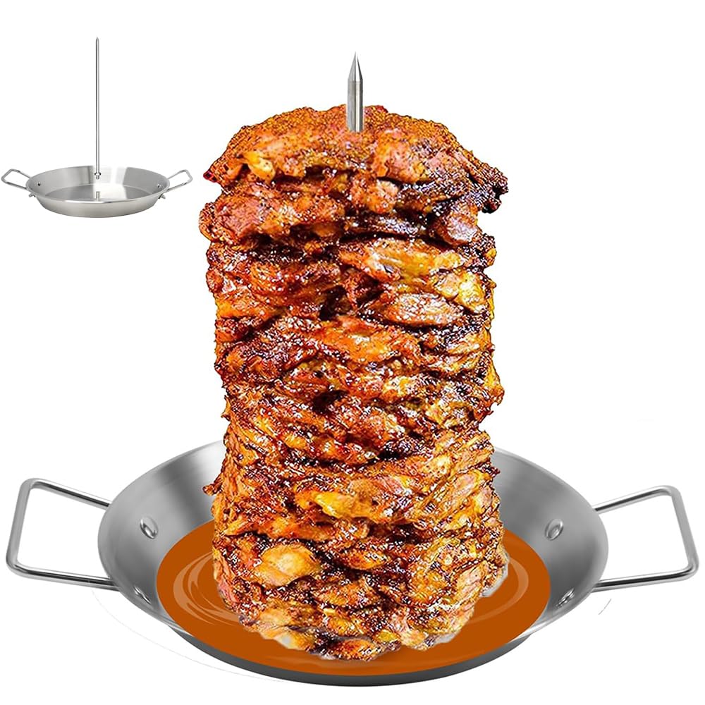 Pionowy stojak na szpikulce do mięsa z 3 wymiennymi kolcami, brazylijski stojak na kebaby do grillowania z tacą ociekową na całe kurczaki, ryby, kiełbasy, stek - zawiera czerwone i czarne szczotki
