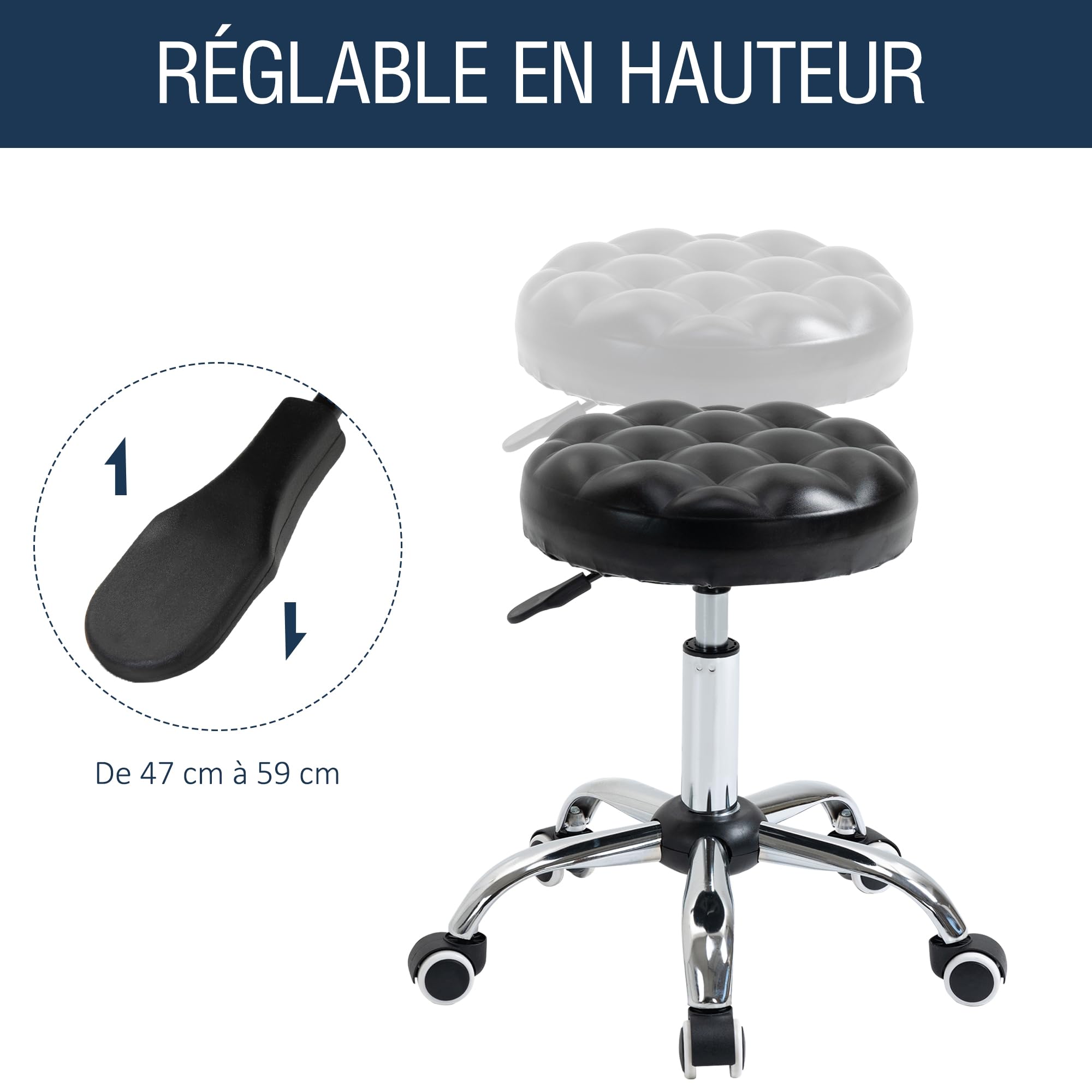 HOMCOM Tabouret Massage à roulettes réglable en Hauteur pivotant 360° Assise synthétique capitonnée Noire