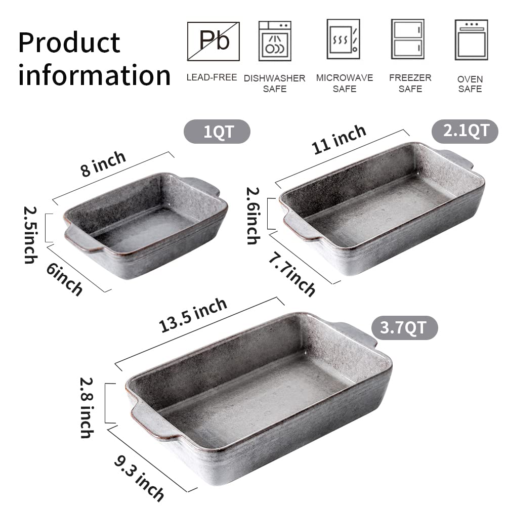 KOOV Bakeware Set, Keramik Backform Set, Rechteckige Auflaufform Set, Lasagnepfanne, Backformen Set zum Kochen, Kuchen Abendessen, Küche, 22,9 x 33 cm, Reaktive Glasur 3-teilig, Variabel Grau