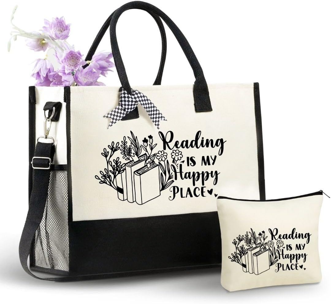 InnoBeta Book Lovers Gifts for Women, Funny Reading Gifts Tote Bag for Book Worms, Readers, Librarians, Literary Lover with Makeup Bag Top Zipper Closure on Birthday, Christmas – Happy
