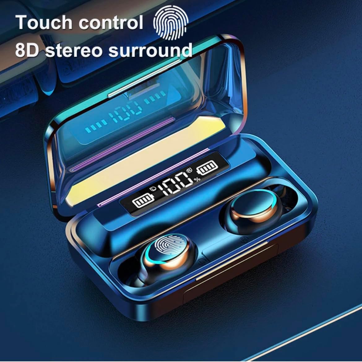Close-up of an earbud with a glowing fingerprint icon, indicating touch control, and text 'Touch control 8D stereo surround'.