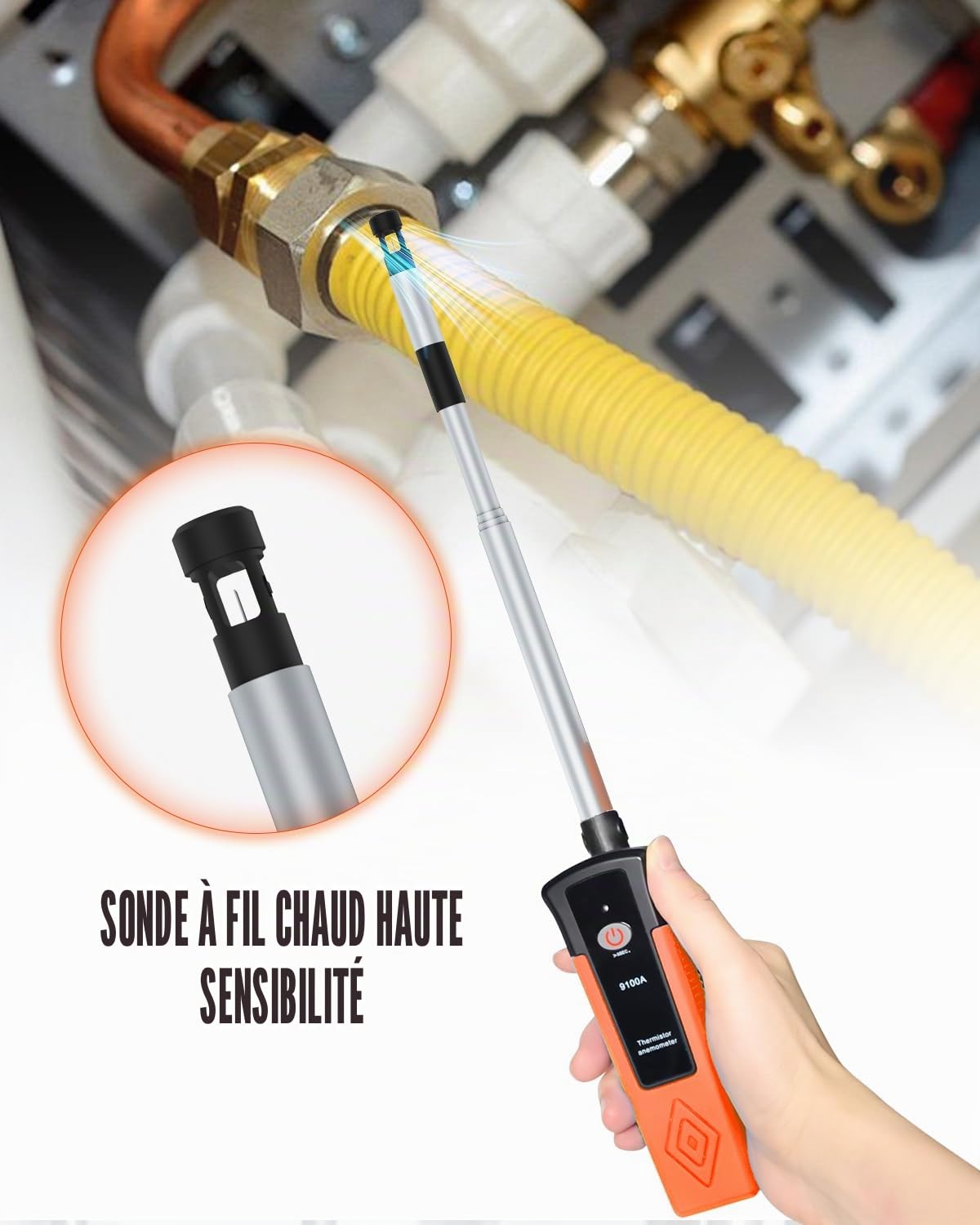 Thermal Anémomètre à fil chaud, XF-9100A CFM Débitmètre Bluetooth APP Connection, Anemometer extérieur avec sonde télescopique Wind Meter thermique pour CVC, drones, voile