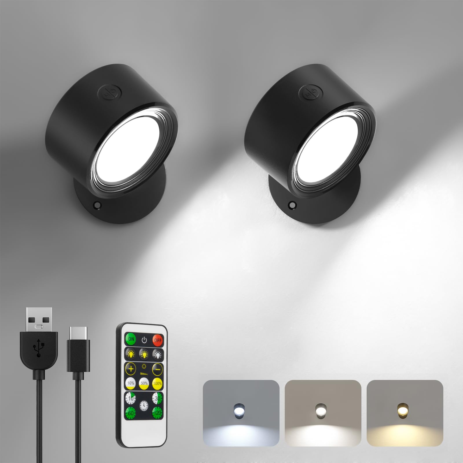 LED Wandleuchte Innen, 2 Stück Akku Wandlampe mit Fernbedienung Kabellos Leselampe, 3 Farbmodi Dimmbar Nachttischlampe Wandlicht, 360° Drehbare Aufladbare Leuchten für Treppe Wohnzimmer Schlafzimmer