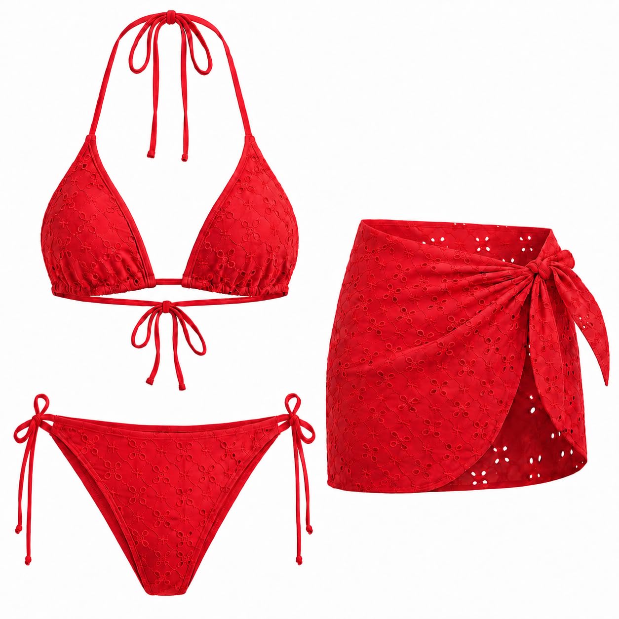 Daci Women's 3 Piece Swimsuit Triangle Halter Bikini Set Side Tie with Cover Up