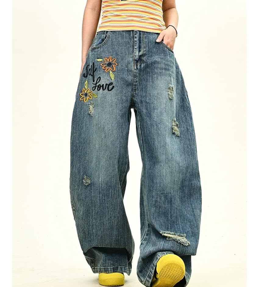 Y2k Vintage Flower Letter Embroidery Slub Pattern Harajuku Baggy Jeans Hiphop Grunge Ripped Wide Leg Casual Denim Pants2