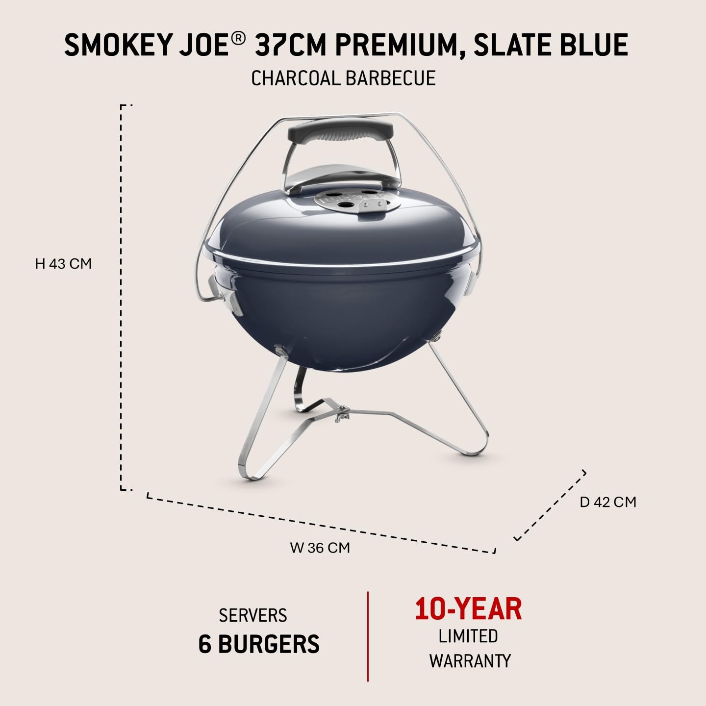 Weber Smokey Joe Premium Barbacoa de carbón, superficie de la parrilla de Ø 37 cm, barbacoa portátil con asa para transportar, barbacoa con tapa y cuba esmaltadas en porcelana - Slate Blue (1126804)