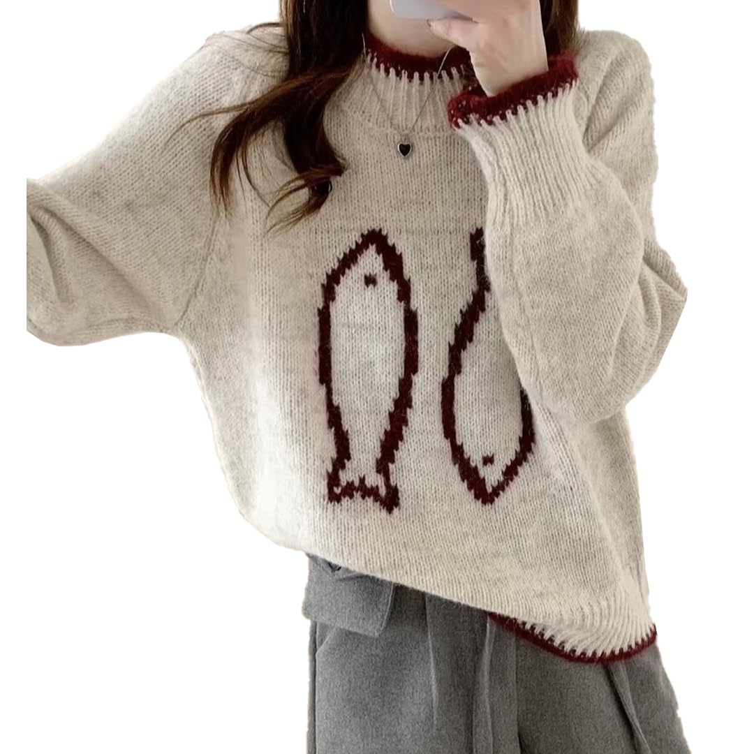 Sweaters for Women Cute Crucian Carp Fish Print Crew Neck Graphic Knit Sweater Oversized Fall Loose Fit Pullover