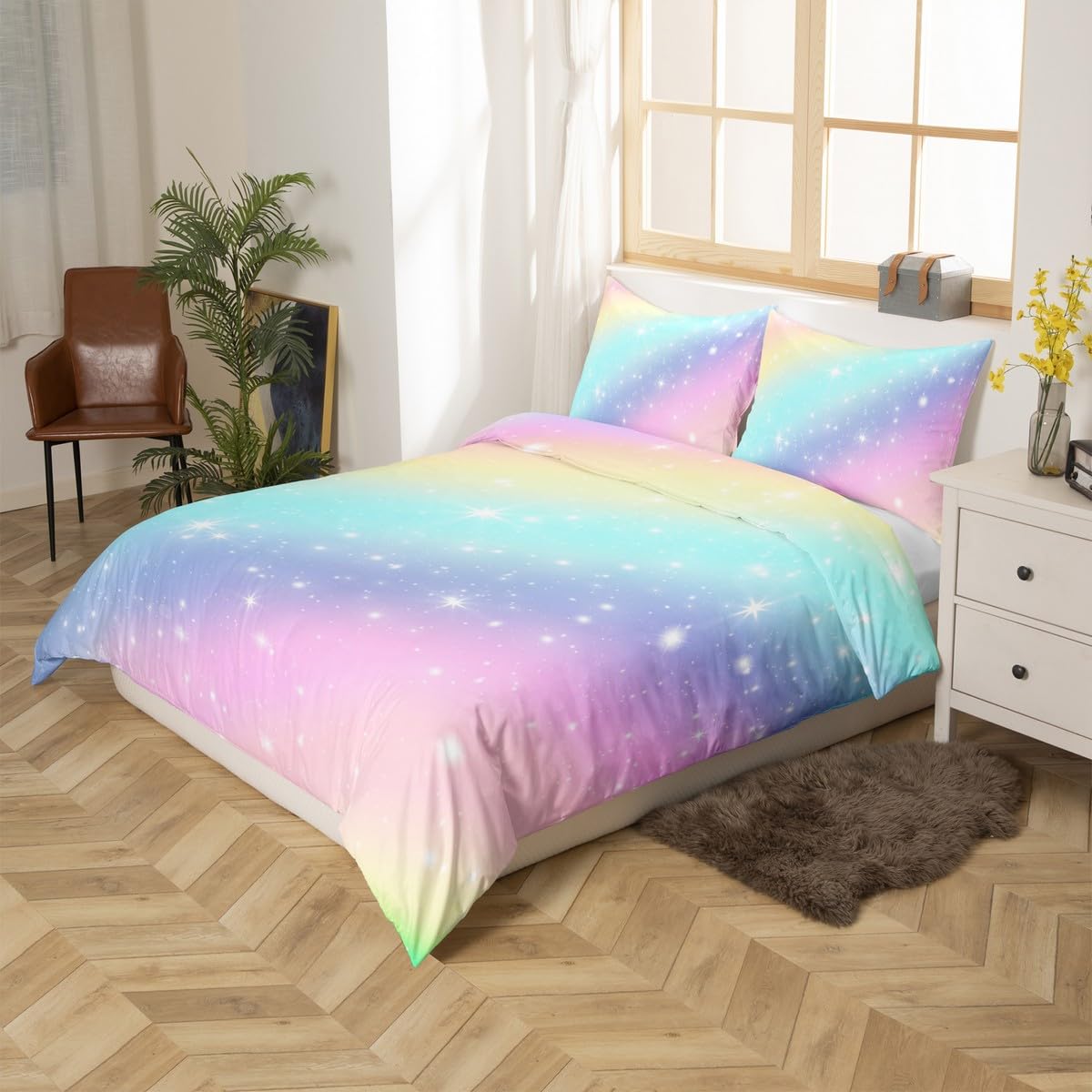Loussiesd Kids Girls Rainbow Bedding Duvet Cover Single Cute Colorful Stripes Bed Set 2 Piece Glitter Ombre Quilt Covers and 1 Pillowcases Mildly Cosy Budget Princess Bedclothes - Image 4
