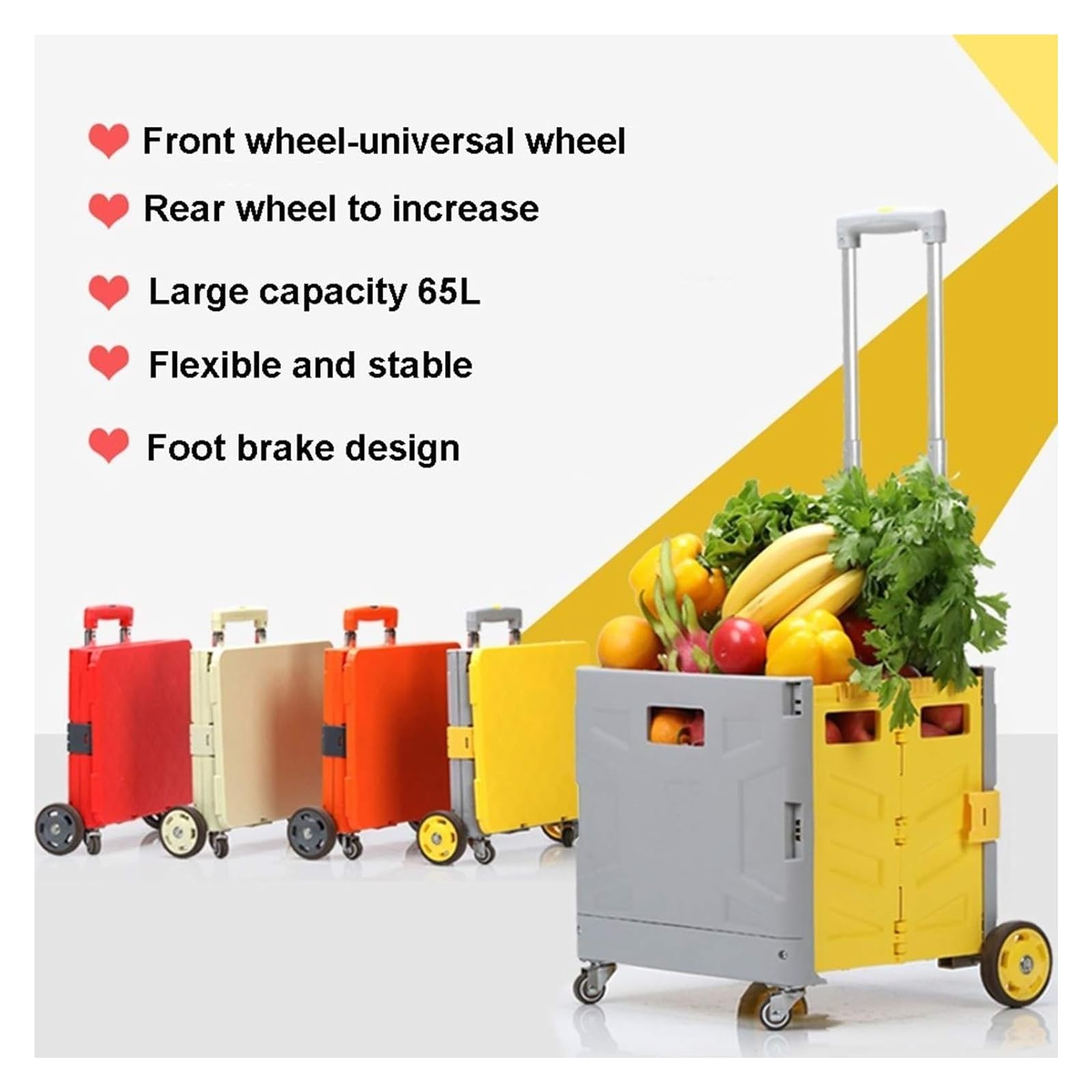 JCAKES Einkaufswagen Zusammenklappbarer Handwagen mit Rädern, zusammenklappbarer Stiefelwagen, tragbarer 4-Rad-Koffer, Einkaufswagen, Camping- und Angel-Festival-Einkaufswagen (Color : Gray+Yellow)