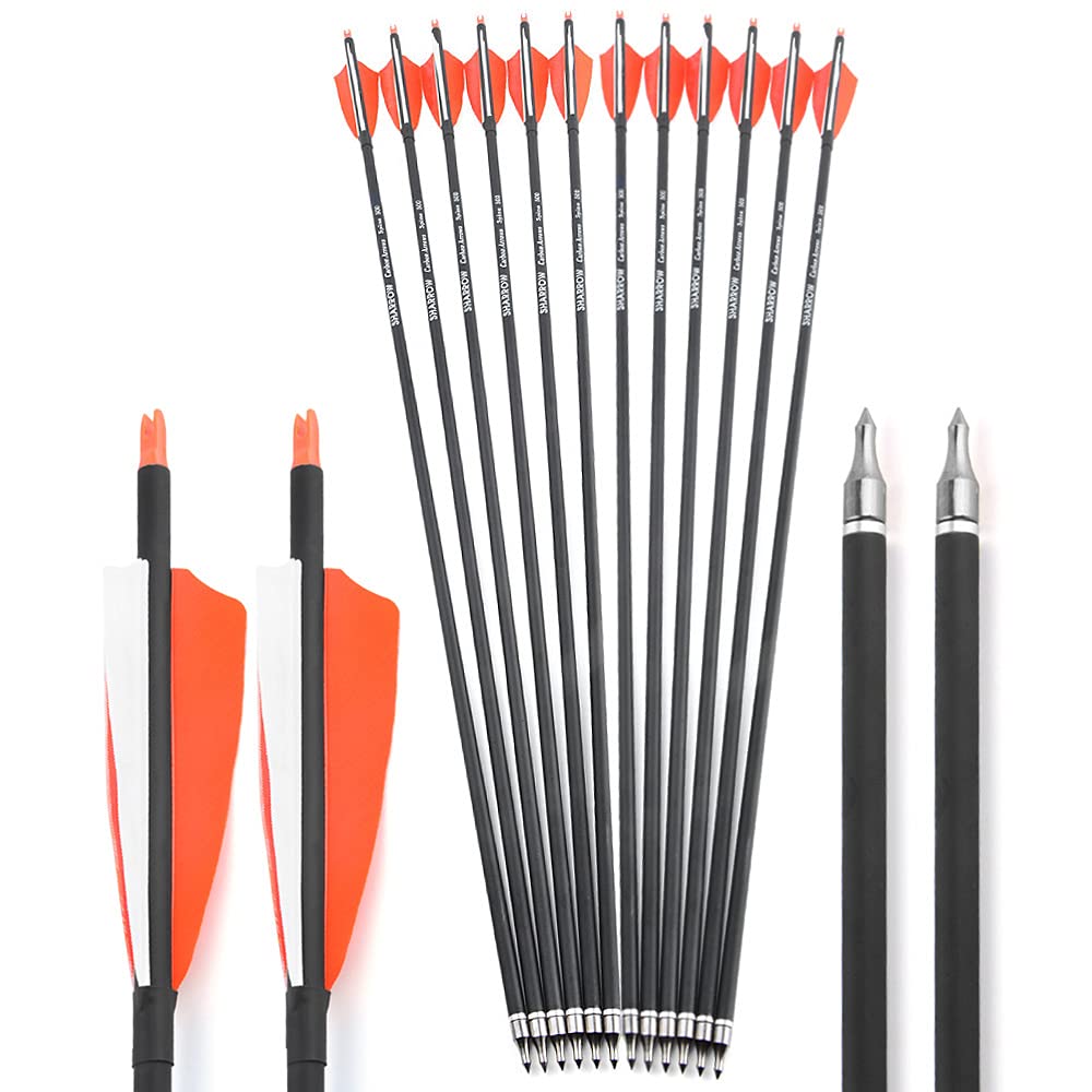 wolfman 12 Stück 30 Zoll Carbon-Pfeile, Innen-Durchmesser 6,2 mm, Geradheit +/-0,006 Zoll, Spine 500, inkl. 6 Pfeilspitzen für Jagd im Freien und Zielschießübungen