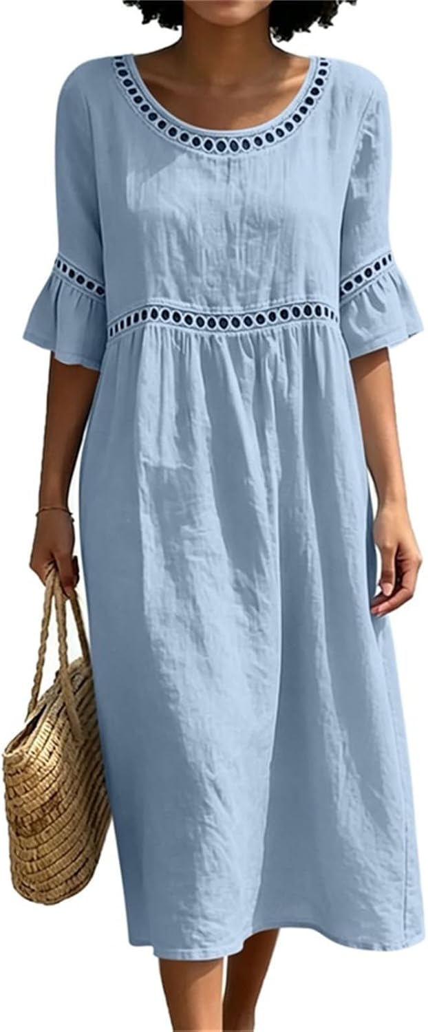 Linen Dress Women Dressy Casual Crew Neck Cotton Short Sleeve Maxi Summer Dresses Hollow Loose Midi Beach Sundress