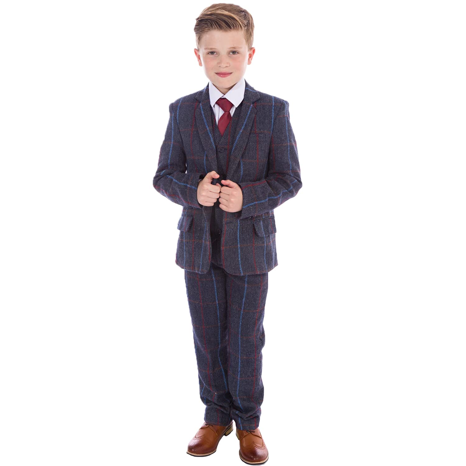 Vivaki Boys Navy 5Pc Check Tweed Suit, 5 Piece Wedding, Page Party Outfit, (3/4 Years)