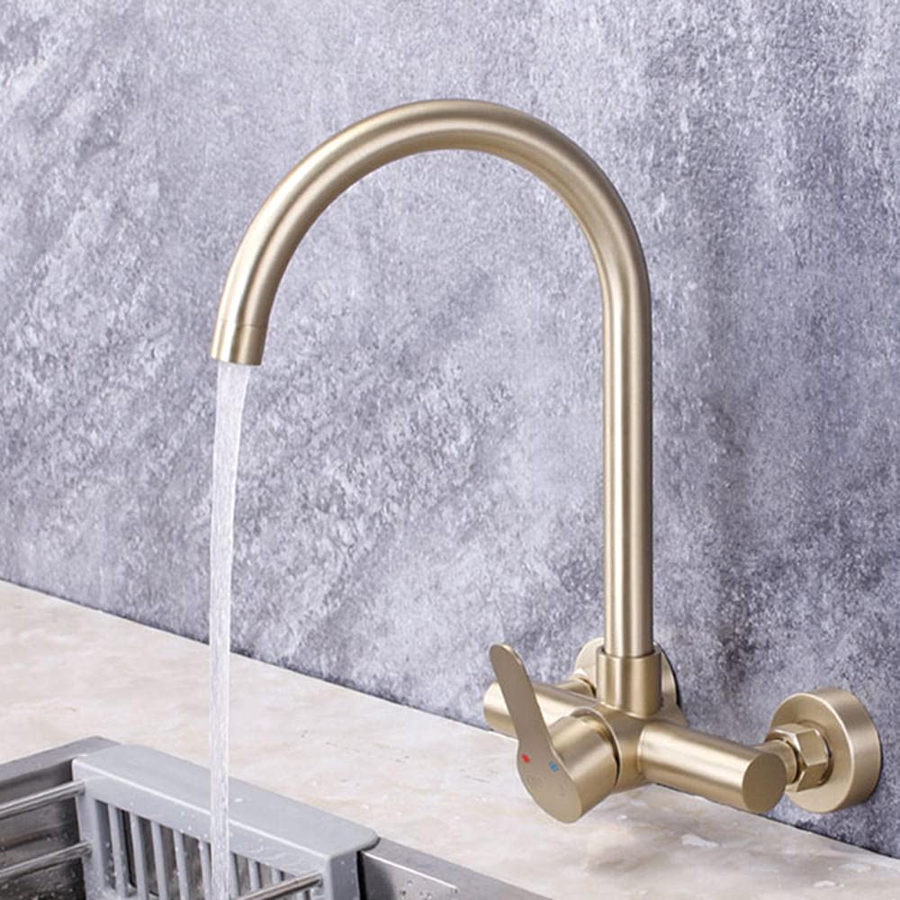 Grifo Cocina de Pared Grifos de Cocina Acero Inoxidable Agua Fria y Caliente Giratorio Doble Orificio Grifo Fregadero Cocina-Oro Cepillado