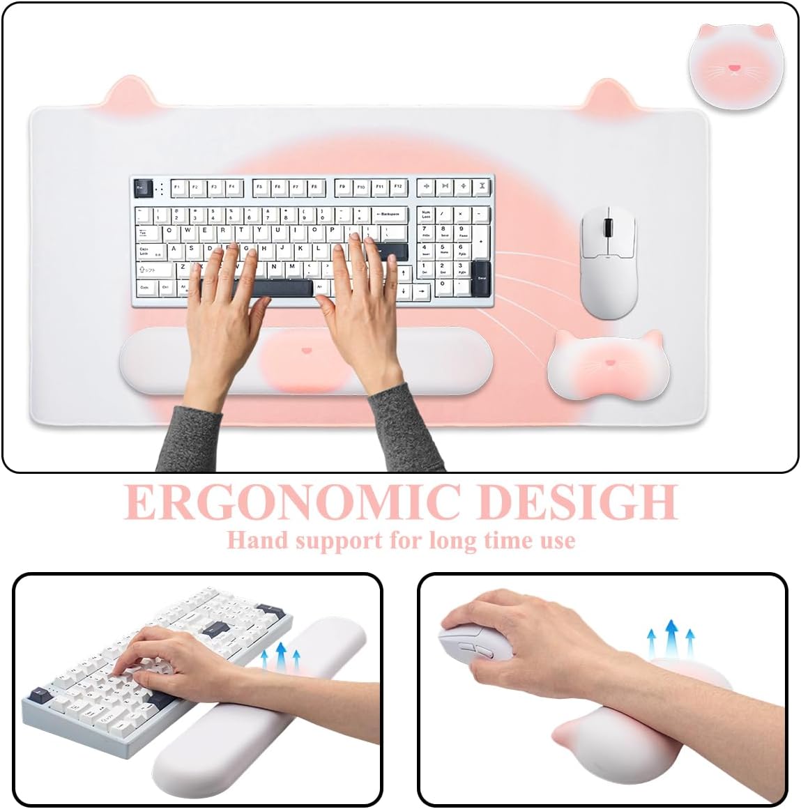 Gaming Desk Mat with Keyboard Wrist Rest Set, 4 in 1 Large Mouse Pad & Cloud Keyboard Wrist Rest& Mouse Wrist Rest&Coaster, Comfort and Support for Typing and Gaming(Pink cat)