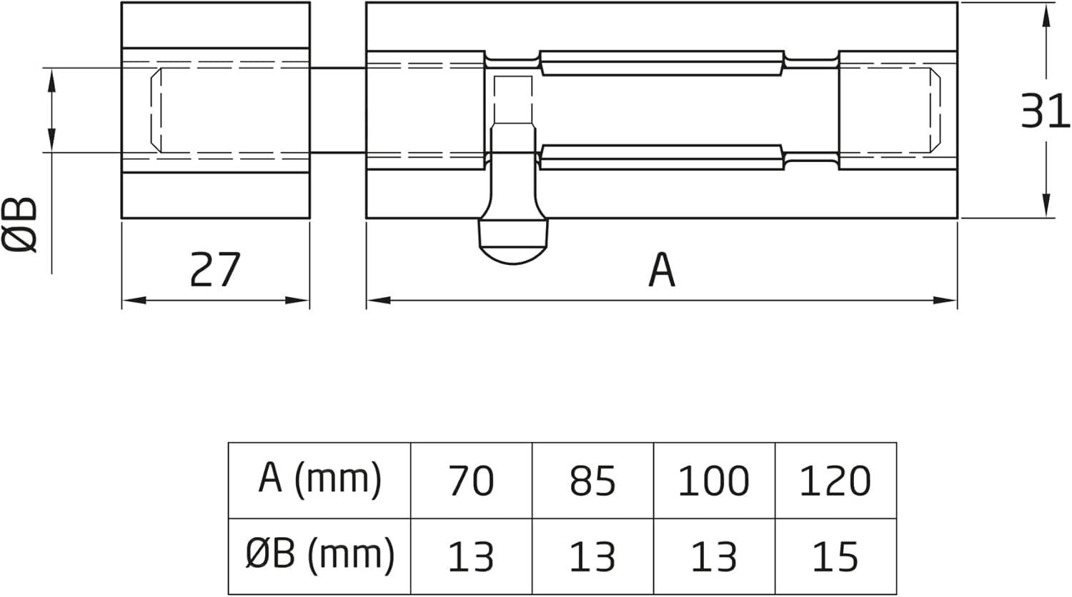 Amig - Overlap Pin | 120 x 31 mm | Passage Doors | Welding | Hole for Lock-Out Ø 8 mm | Latch for Bathroom, Bedroom or Office | Security Lock | Dichromated Steel