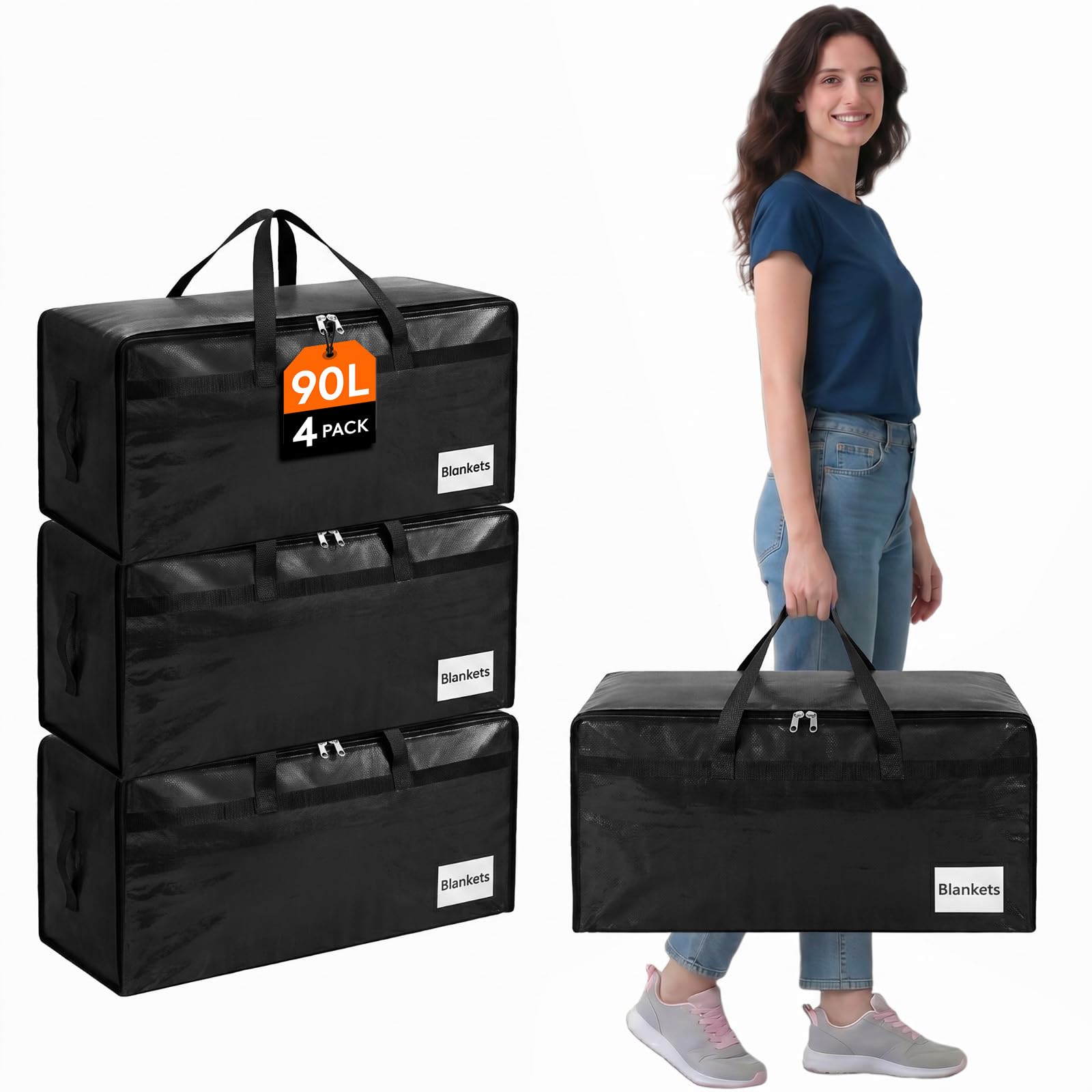 Lifewit 4 Pack Large Moving Bags with Lids and Sturdy Handles, 90L Heavy Duty Packing Organizers for Moving House, Clothes Bedding Blanket Comforter Storage Bags, Black