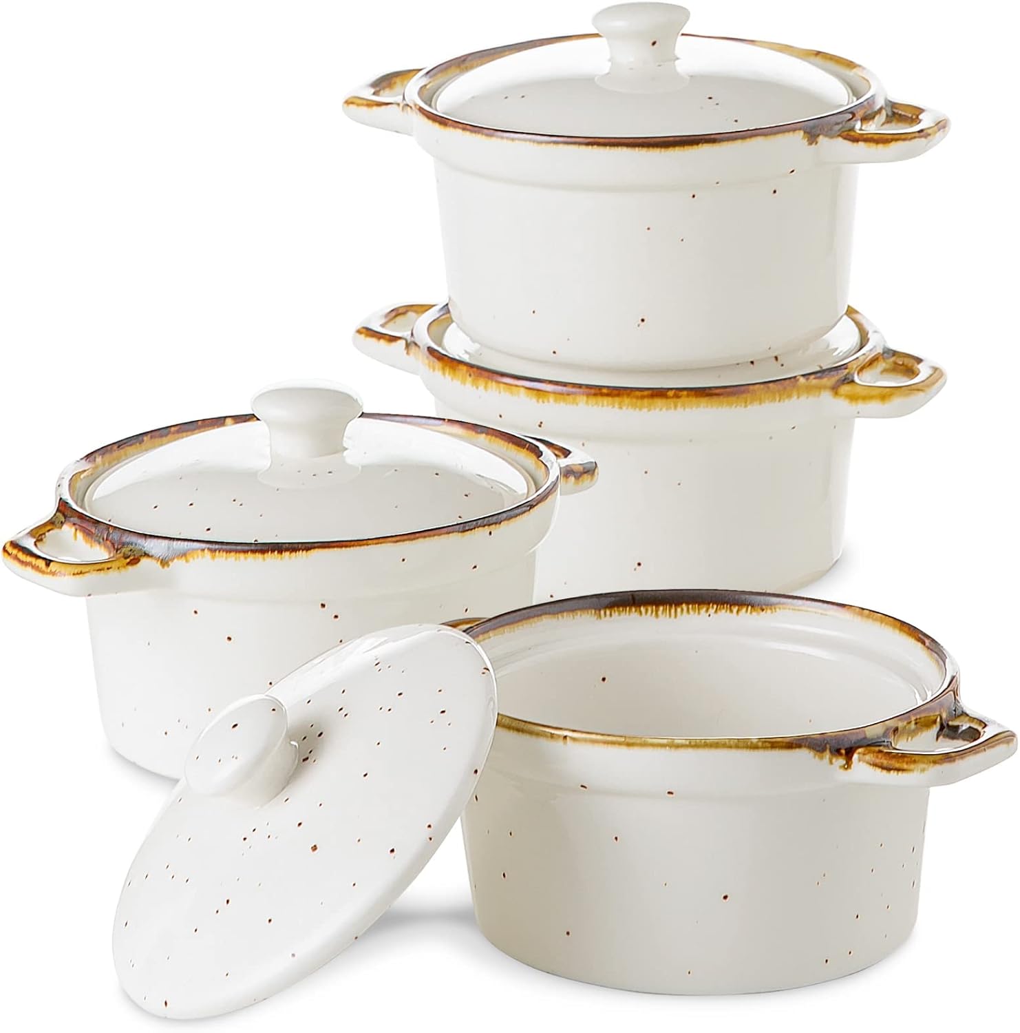 ONEMORE Ramekins with Lids, 6 oz Oven Safe Ceramic Mini Casserole Dish with Lid & Brown Rim for French Onion Soup, Speckled Mini Dutch Oven Cocotte Set of 4 for Individual Serving, Creamy White