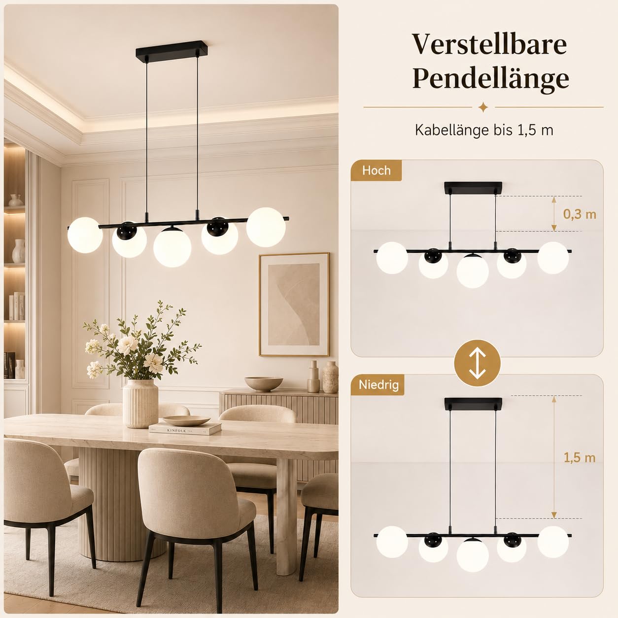 ZMH Lámpara colgante negra de cristal con 5 luces E27 | Altura ajustable hasta 150 cm para mesa de comedor o salón bombillas no incluidas