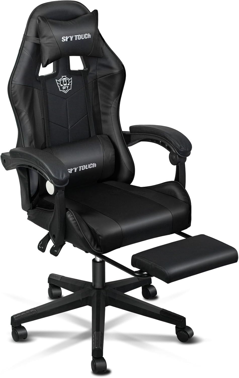 SKY-TOUCH High Back Gaming Chair, Adjustable Height Ergonomic Chair with Armrest, Head, Lumbar Support Pillow, Footrest, PU Leather, Reclining PC Gaming Chair, 440 LBS, Black - 60x60x114cm
