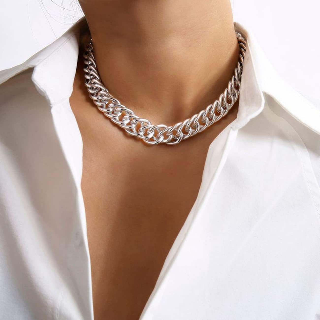 Chunky Silver Choker Necklace for Women Thick Adjustable Link Chain Choker (silver) - Image 2