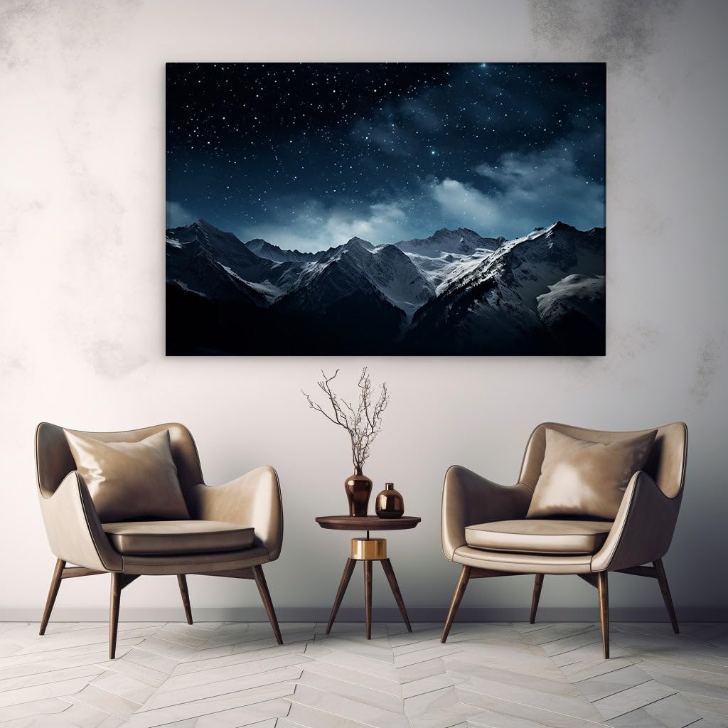Canvas for Living room. Starry Serenity: Wonders of the Snow-Capped Night Sky, 27 x 18 inch Canvas Wall Art - Modern Home Decor - 69x46 cm (27x18 inch)