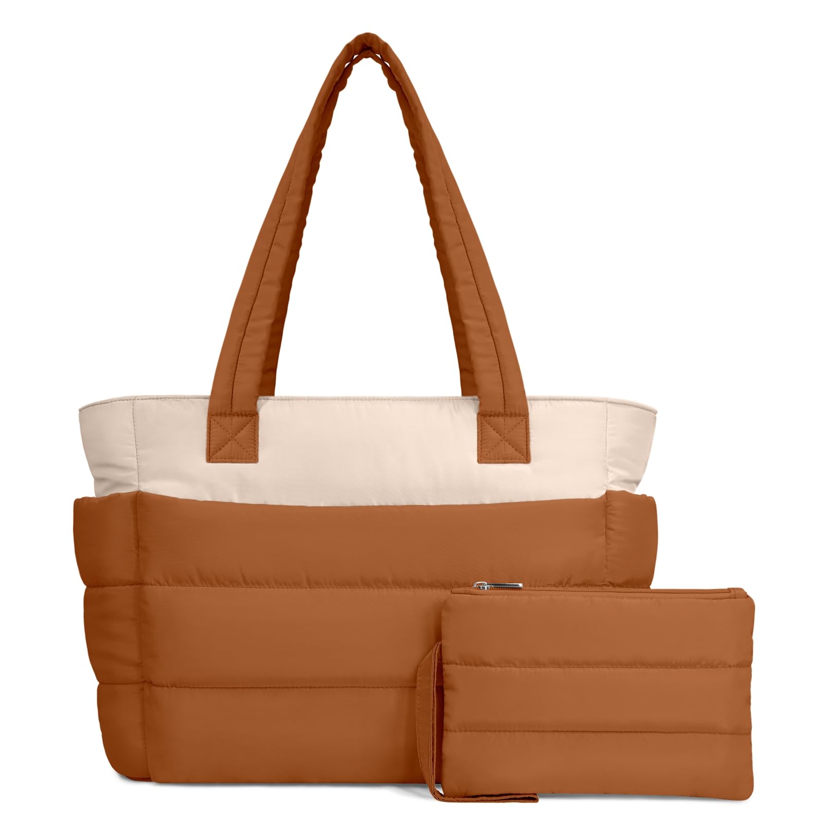 TOPDesign Puffer Tote Bag for Women, Lightweight Puffy Handbag with Compartments & Cosmetic Bag, Quilted Shoulder Bags for Work, Travel, Gym, Gifting (L Brown/Beige)