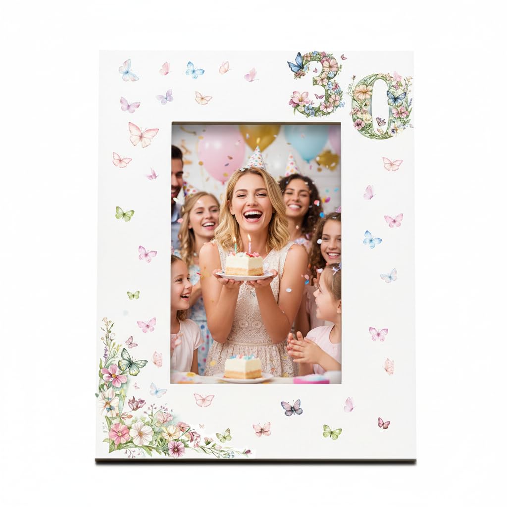 ukgiftstoreonline 30th Birthday Photo Frame for Her, White with Butterflies and Flowers, 6x4 Inch Aperture, Wall Mount or Tabletop Display (Portrait)