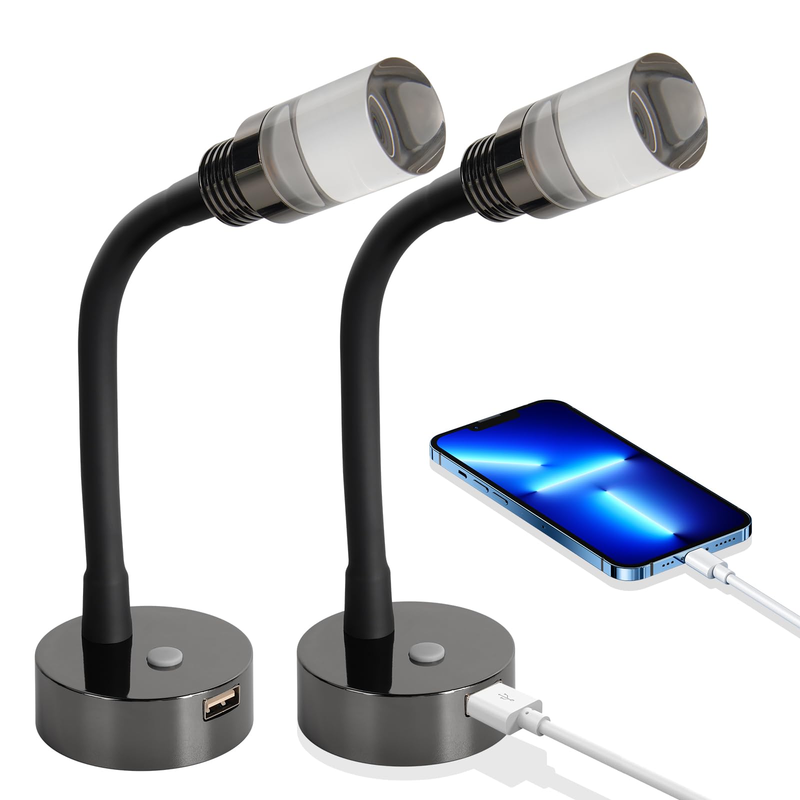 2 Piezas 2W Lámpara de lectura 12V Autocaravana Regulable LED, Equipado Cargador 18W USB, Flexible Cuello de Cisne Luz de Lectura para Furgo Camper Barco Van LKW 3200K