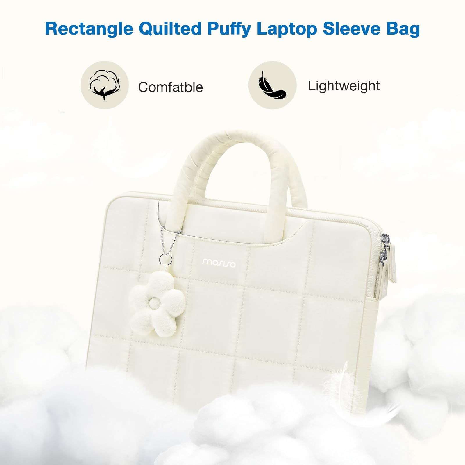 MOSISO 13-14 inch Laptop Case, 13.3 inch Puffy Laptop Sleeve Compatible with MacBook Air 13 13.6/Pro 13/Pro 14,HP Acer Dell ASUS Lenovo, Rectangle Quilted Computer Bag with Handle&Flower Pendant, Sand