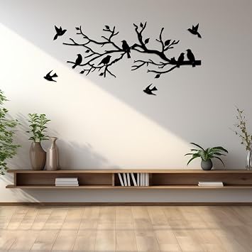twinklemon Metal Birds Wall Art Bird on Tree Branch Silhouette Wall Decor with 4 Individual Birds Black Leaves with Bird Outdoor Hanging Wall Sculpture for Home Balcony Garden