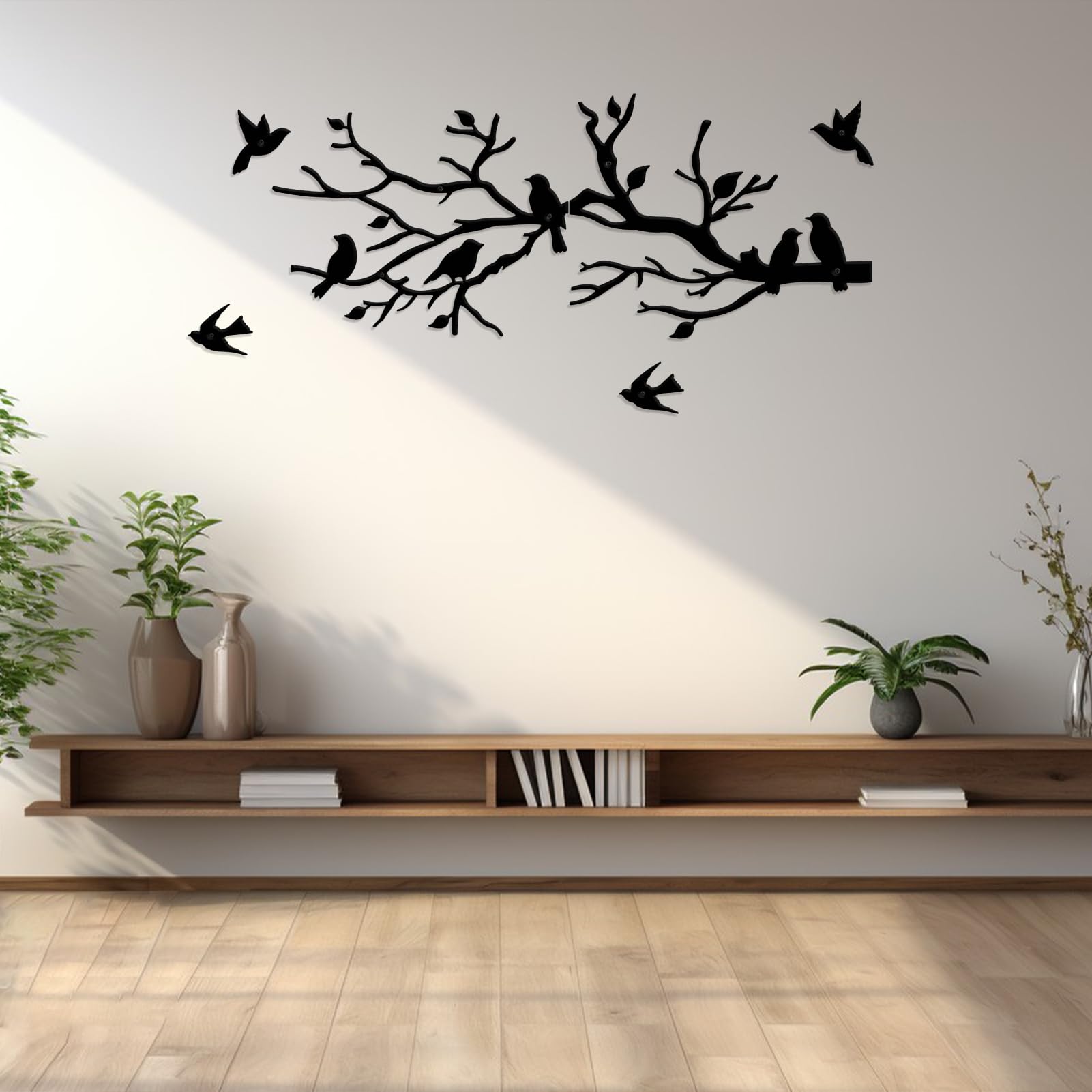 twinklemon Metal Birds Wall Art Bird on Tree Branch Silhouette Wall Decor with 4 Individual Birds Black Leaves with Bird Outdoor Hanging Wall