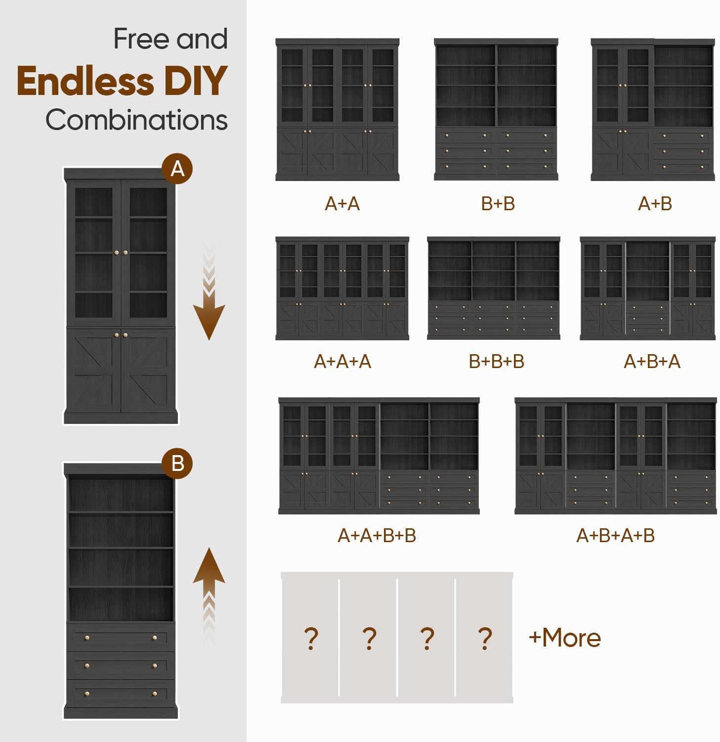 71" Tall Farmhouse Bookshelves with Glass Doors, Rustic Large Bookcase with Adjustable Shelves, Wooden Storage Cabinet for Living Room, Kitchen, Home Office, Dining Room (Black, Glass Door Unit)