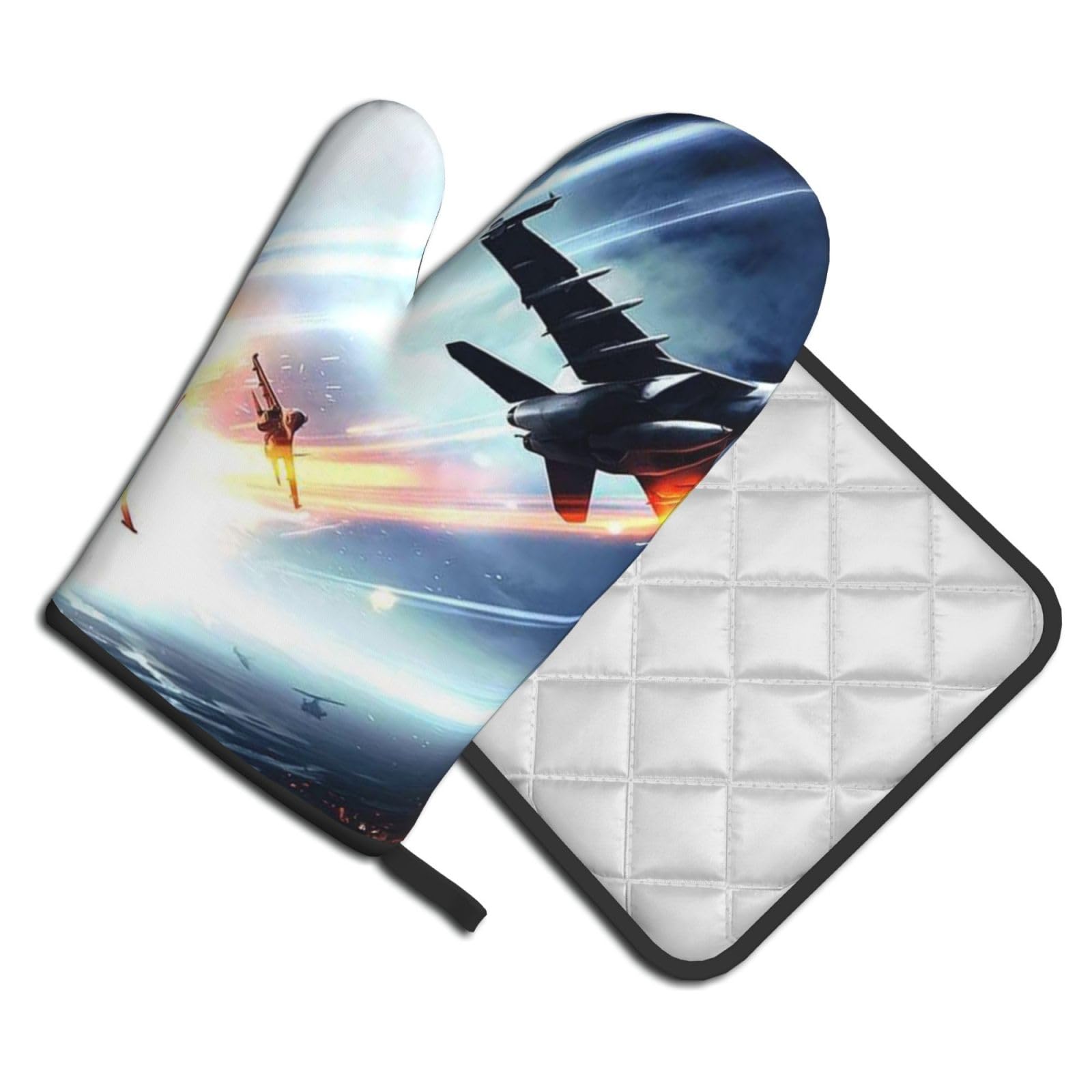 Oven Mitts and Pot Holders Set of 2 Pcs, Airplane Printed Heat Resistant Kitchen Gloves Potholders for Cooking Baking Grilling