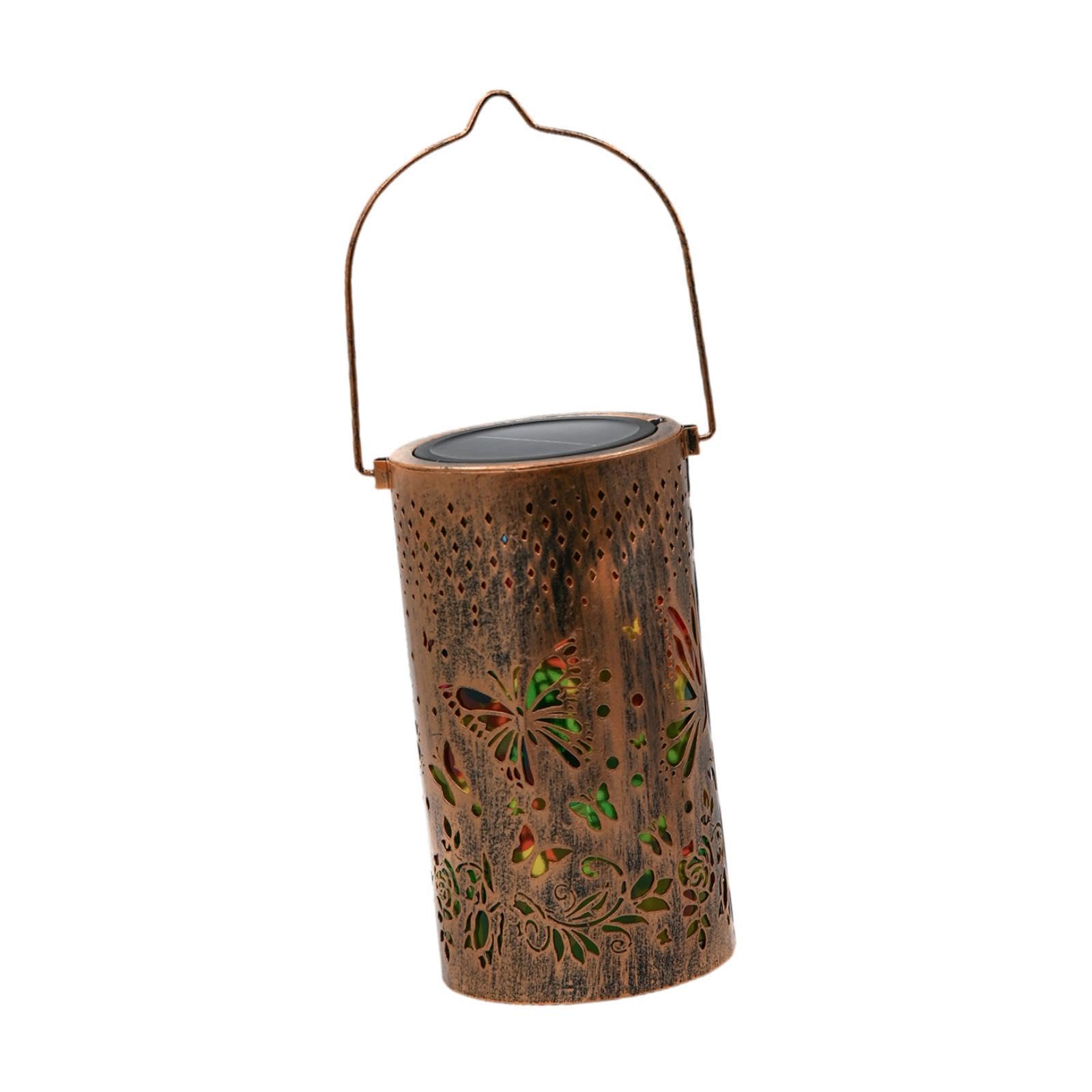 Gralara Farol Solar Colgante para Exteriores, Luces Solares LED de Hierro con Proyección Paisajística para Patio, Porche, Balcón O Terraza, Mariposa Colorida