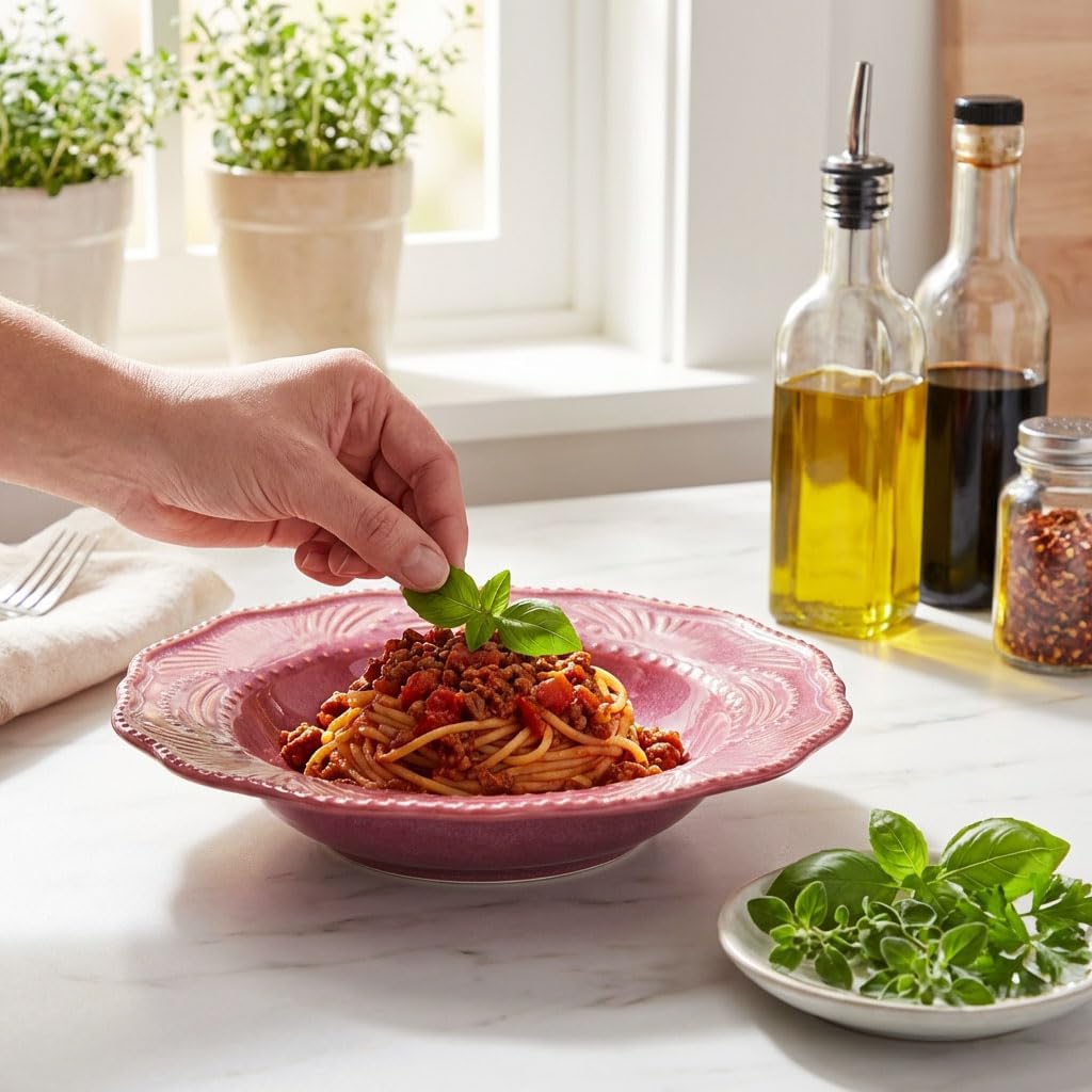 Ceramic soup bowl and pasta plate set (4 pieces) 10.1 oz. Embossed soup bowl, porcelain wide-rimmed pasta plate, vintage cream-style plate, microwave and dishwasher safe