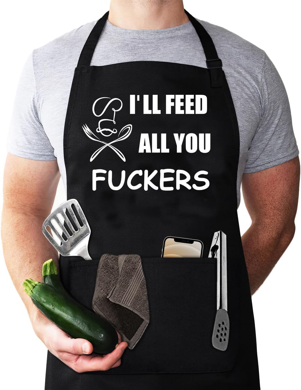 Funny Apron for Men, Chef Bib Apron with 2 Pockets, Adjustable Neck Strap and 40" Long Ties โ Perfect for Kitchen Cooking, BBQ, Baking, Gifts for Husband, Dad, Wife, Mom.