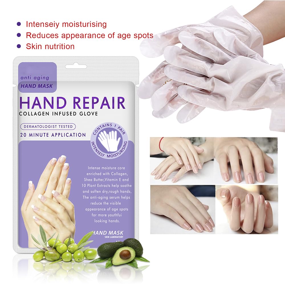 Maschera Mani 5 Paia, Guanti Idratanti Lavanda Con Collagene, Siero e Vitamine, per Mani Secche e Screpolate, Sbiancanti e Antietà, Riparazione Della Pelle Ruvida