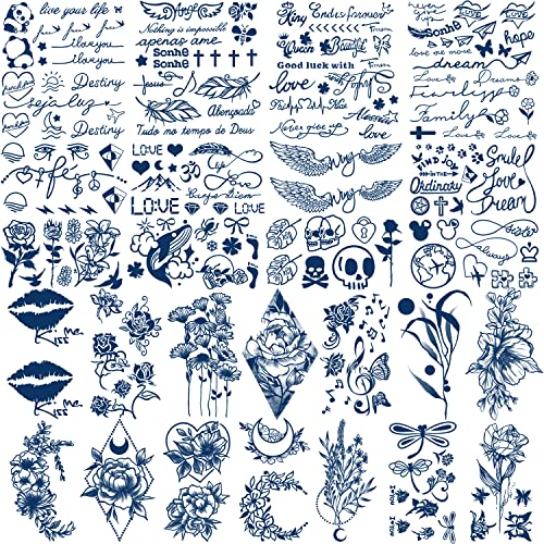 30 Hojas de Tatuajes Semipermanentes Mujeres, Tatuajes Falsos de Rosa Floral Oscuro para y Niños, Con una duración de 1 a 2 Semanas Pegatinas de Tatuaje Pequeñas e Impermeables (Dragonfly) Cover