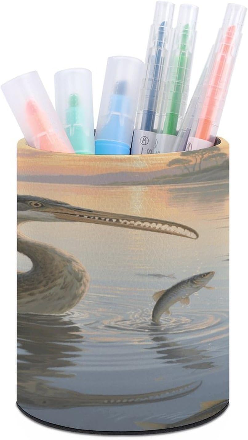 Hesperornis Diving for Fish Pen Holder for Desk, Leather Pencil Organizer & Makeup Brush Holder, Office Decor And Desk Accessories Perfect Office Organization,Teacher Supplies