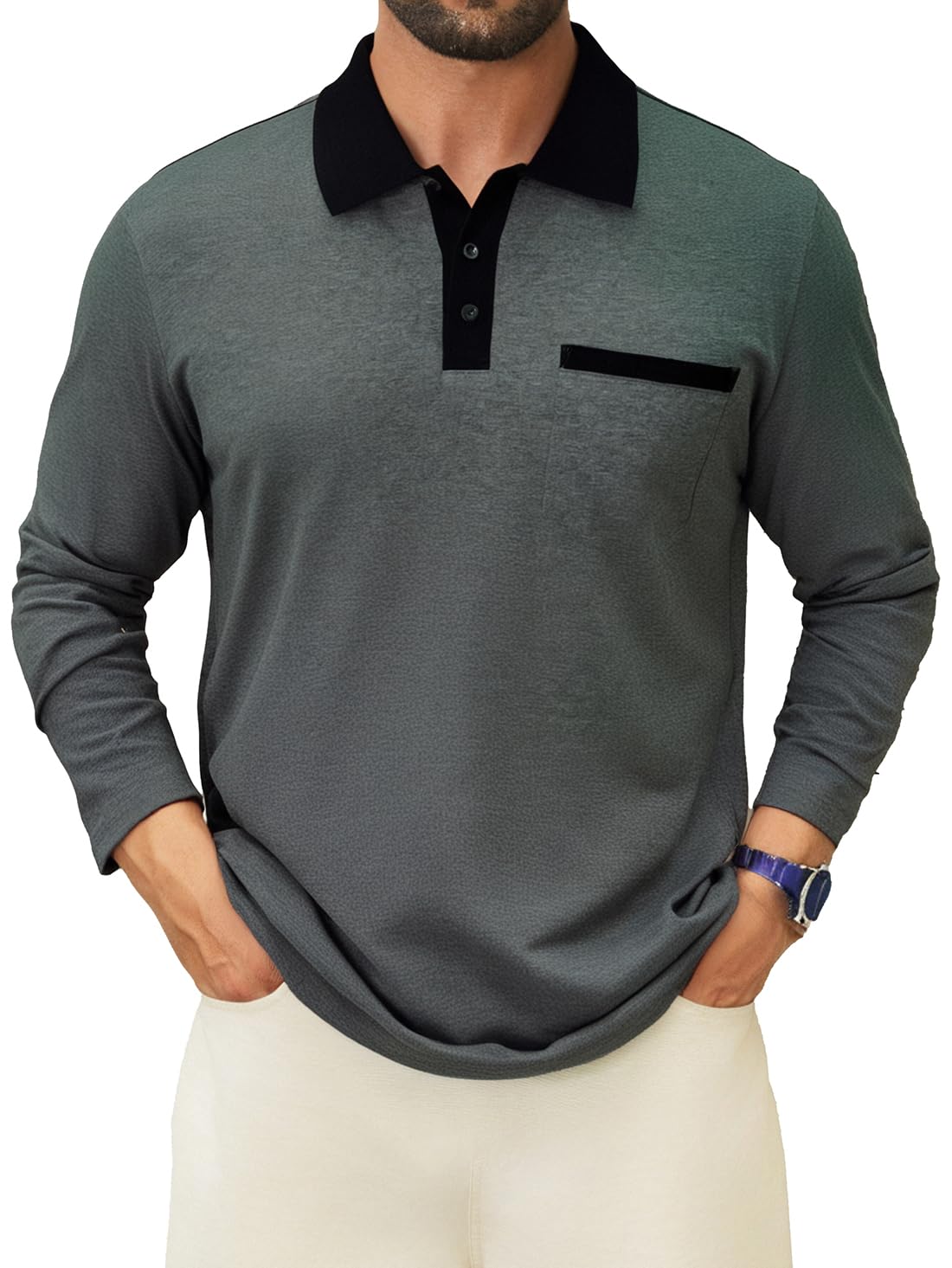 LuxMania Men's Casual Long Sleeve Polo Shirts Cotton Polos T Shirt Classic Button Collared Golf Shirt with Pocket