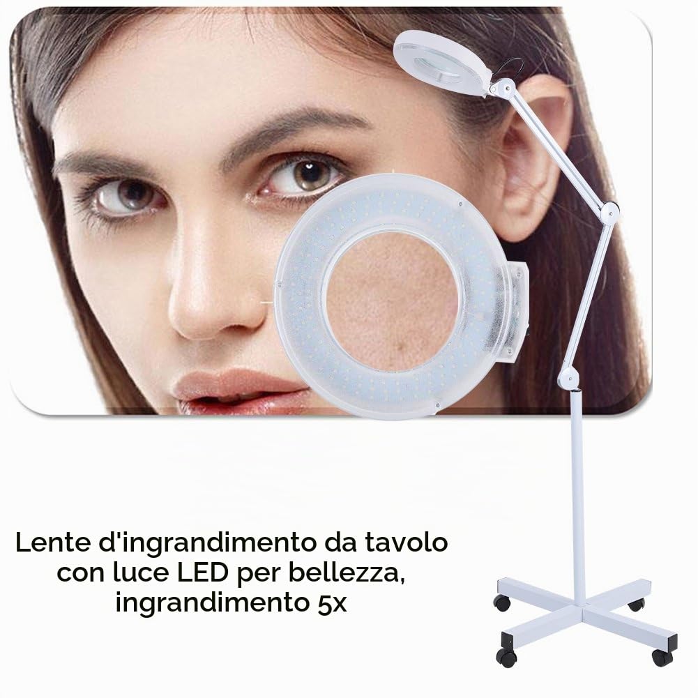 Wakects 5X Lampada con Lente d' ingrandimento a LED, Lente 5 DIOTTRIE d'Ingrandimento con 4 Ruota, Luce per Estetista Laboratorio e Lavori di Precisione, Bianca, 15W