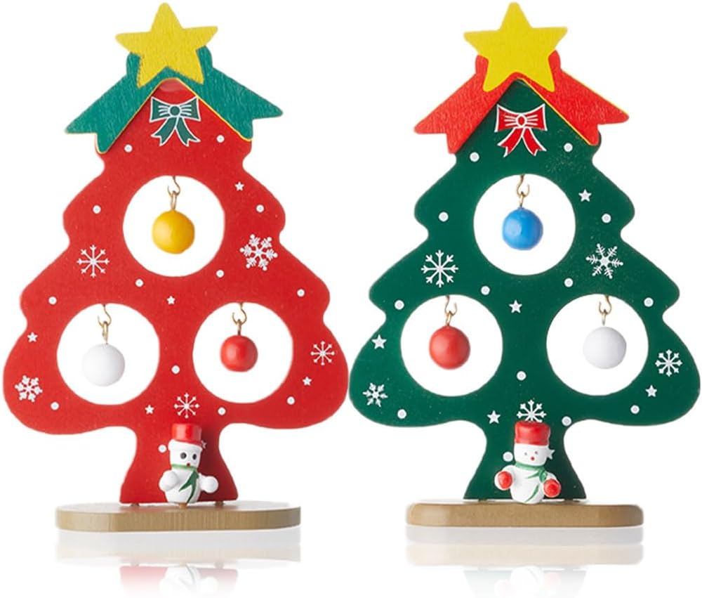 GORGECRAFT 2 Sets Wooden Miniature Christmas Tree Decoration Green Red Mini Xmas Tree with Hanging Ornament Snowflake Bow Pattern Snowman Decor Base Trees Model for Christmas Party Tabletop Display