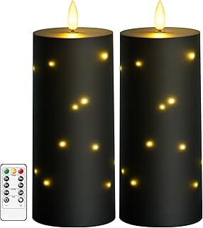 Waterproof Outdoor Candles with Timer & Remote - Battery Operated LED Candles, Realistic Flameless Plastic Pillar, Pack of 2 (4" D x 10" H, Black) for Patio, Garden Camping Rainy Weather