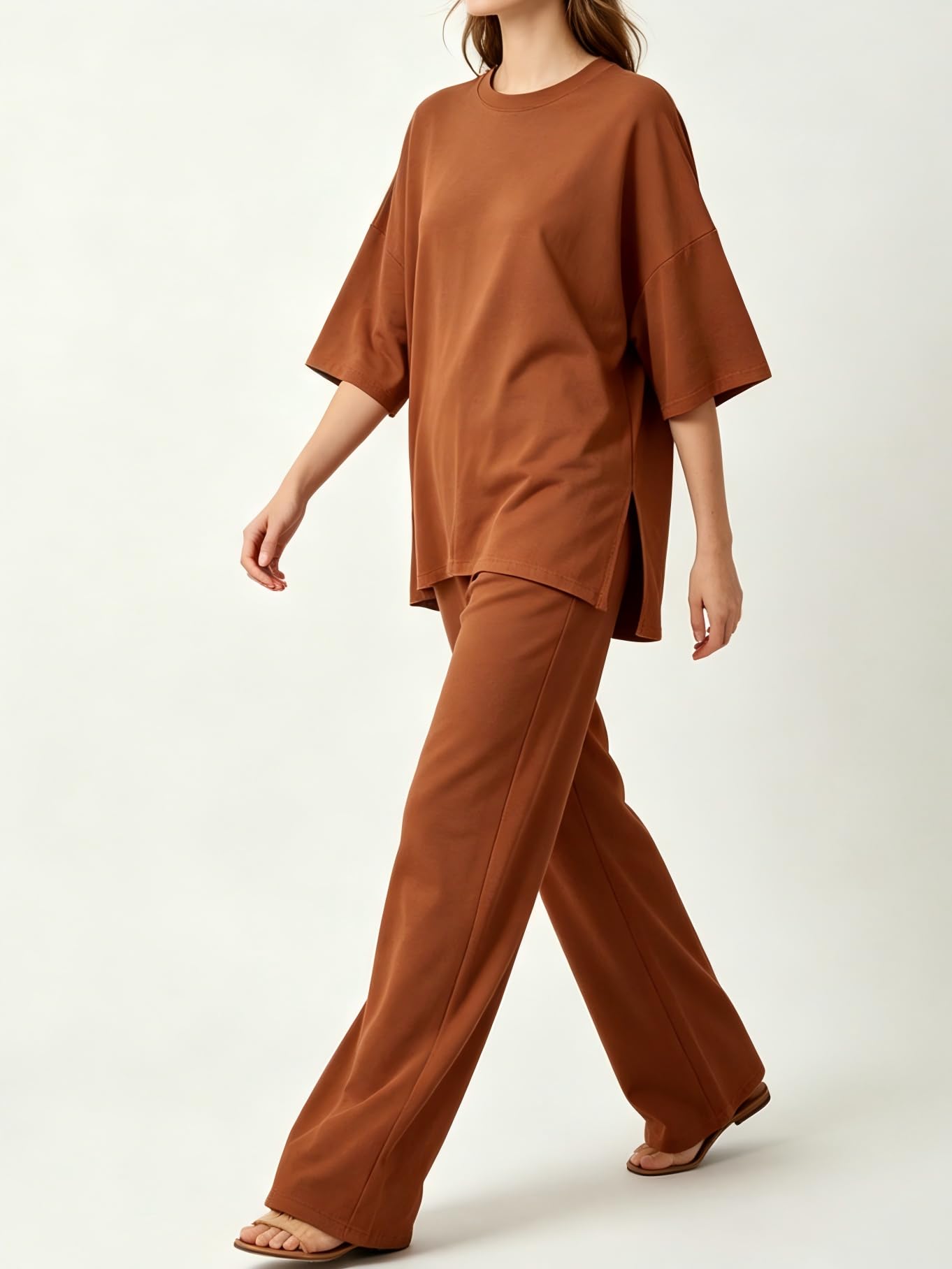 Conjunto de 2 piezas de camiseta casual de manga corta y pantalones de pierna ancha para mujer, cómodo atuendo diario — view 9